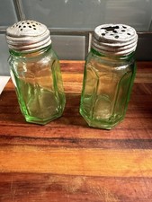 Vintage Uranium Glass Salt & Pepper Shaker Set w/Orig Alum Lids UV Reacts Green picture