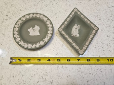 Vintage Wedgwood Sage Green Jasperware Pin Dish Classical Relief England 4