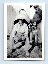 Old Vintage Photo PAIR DUO MEN BIZARRE PIG HEAD BETWEEN LEGS ODD ABSTRACT picture