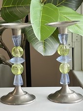 2-‘Savannah’Pewter 10” Beaded Candle Holders Green Blue Glass Beads Kohl’s Taper picture