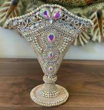 Vintage Silver Godinger Fan Vase Drenched in Aurora Borealis Rhinestones picture