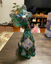 Fenton Iridescent Carnival Glass Winking Cat Figurine Handmade Glass Made in USA picture
