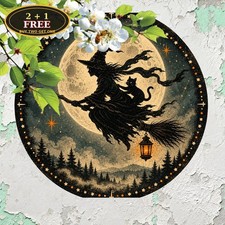 Witch Moon Halloween Foil Sign Mystic Night Sky Round Tin Metal Plaque 8x8 picture