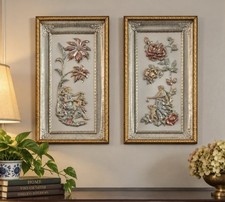 Vintage Pair Dimensional Floral Lady Wall Plaques Ornate Gold Frames picture