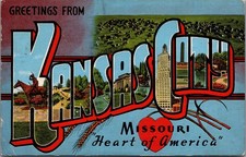Greetings From Kansas City MO Large Letter Linen Postcard 1949 The Scout picture