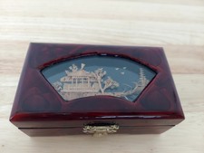 Vintage Chinese Red Lacquer Trinket Jewelry Box Cork Pagoda Scene Brass Latch picture