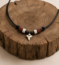 Real Mako Shark Tooth Pendant Surfer Necklace for Men | Wood Beads picture
