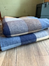 2 TWO L.L. Bean Twin Size 100% Virgin Wool Blankets Bold Checkered Blue picture