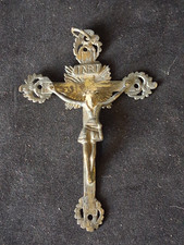 Antique Cast Brass Crucifix Cross INRI Jesus Sunburst Halo Ornate French 2.5x3.5 picture