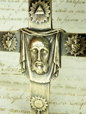 ANTIQUE CATHOLIC HOLY FACE OF JESUS VERONICA'S VEIL SHROUD FRENCH BRONZE CROSS picture