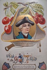 1900s GEORGE WASHINGTON Embossed postcard TRICORNER hat PATRIOTIC Valley Forge picture