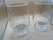 Pair Etched Grape Vine Glass Hurricane Candle Holders Footed 6 Inch picture