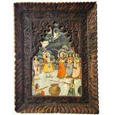 Vintage Indian Wall Carved Wooden Art Krishna with Gopis Home Room Mandir Decor picture