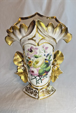 Antique 19th Century Mantel Vase Old Paris Porcelain Flowers Gold Gilding 10” picture