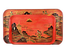 Vintage MCM Asian Orange-Red Lacquer 3-D Gold Highlights Tray Set Melamine JAPAN picture