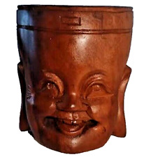 Happy Budda Mug~Hand Carved Tahiti Wooden Cup Coffee Rustic Tea Water Beer Milk picture