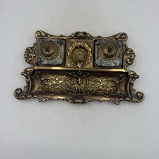 Antique Art Nouveau Brass Desk Inkwell Pen Rest Double Glass Wells picture