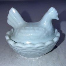 Vintage Small White/Light Blue Pottery Hen On Nest Salt Cellar 2½