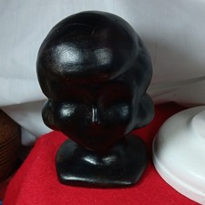 Vintage 1960s Black Glossy Ceramic Girl Head Bust Figurine Sculpture Stamped picture