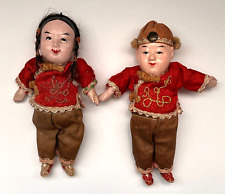 2 Vtg Antique Chinese Composition Dolls- Little Girl & Boy Silk Clothing, READ picture