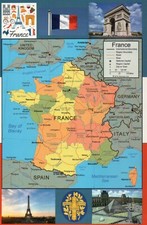 Map of France, Flag, Louvre, Eiffel Tower, Paris, Seal etc. ---  Modern Postcard picture