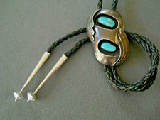 OLD Native America Navajo Blue Turquoise Sterling Silver Shadowbox Bolo Tie C-31 picture