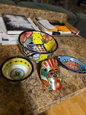 VTG Mexican Talavera Pottery Set Includes 2 Bowls, 1 Tray & 1 Wall Mask Embossed picture