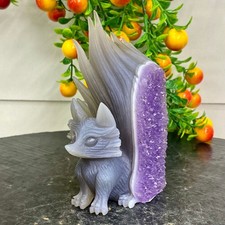 438G Natural Agate Geode Hand Carved Nine-tailed Fox Quartz Crystal Decor picture