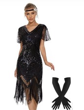 JICAGOM 1920s Womens Flapper Gatsby Roaring 20’s Dress with Gloves Black Small picture