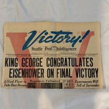 Seattle Post-Intelligencer - May 8, 1945 - Original Front Page - WWII ENDS *** picture