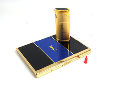 Working Yves Saint Laurent YSL Gas Lighter Gold & Blue Black Cigarette Case Set picture