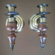 Vintage Pair Wood Brass Wall Sconces Taper Candle Holders Colonial Decor picture