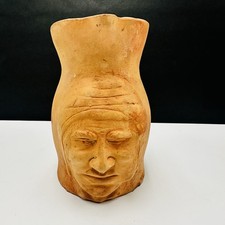Vintage Terracotta Pottery Man Face Pitcher Jar Handmade 4” Tall Folk Art picture