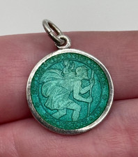 Vintage Charles Thomae Sterling Silver Green Enamel Saint Christopher Medal picture