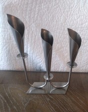 Vintage Danish Hans Jensen Calla Lily Triple Candle Stick Holder Stainless Steel picture