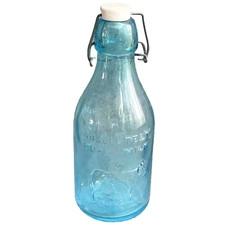 1965 Thatcher's Dairy 1-qt Milk Blue Glass Bottle Ceramic Lid Crownford China Co picture