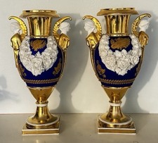 Antique French Empire Old Paris Porcelain Pair of Urns Vases Blue Gold Bisque picture
