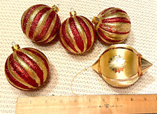 Vintage Set Christmas 4 Hand Decorated Red Gold Glitter Ornament Balls & 1 Satin picture