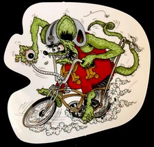 RAT FINK STICKER “OLD LOOKING SCHWINN BIKE” 3 1/2 X 3 1/4 GLOSSY VERY ORIGINAL picture
