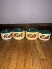 VINTAGE 1970's STERILITE HARD PLASTIC STRAWBERRY CANISTER NESTING SET OF 4 picture