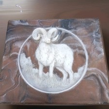 Vintage Incolay Stone Ram Big Horn Sheep Jewelry Trinket Box Trees Brown Lid  picture