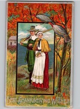 c1910 Best Thanksgiving Wishes Pilgrims Turkeys Musket Embossed Monroe IA Postca picture