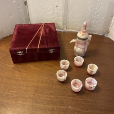 8 Pc Vintage Onyx Pink & White Onyx Tea Set Cups, Pitcher, Box picture
