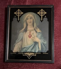 Art Deco Reverse Painted Picture Frame Glass Immaculate Heart Of Mary 1920s 30s picture