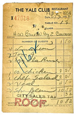 RARE FEBRUARY 3, 1954- THE YALE CLUB RESTAURANT 