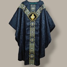Hand-Embroidered Sacred Heart Black Chasuble in Church Damask & Fringed Stole picture