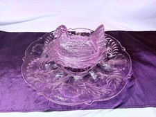 Mosser Glass Lavender Pink Hen on Nest Inverted Thistle Egg Platter picture