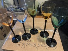 5 Colorful vintage MCM-style cordial glasses feature slender black stems picture