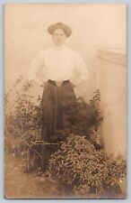 Postcard RPPC 1900s Stern Looking Woman Posing In Garden Portrait 1904-1918 Era picture