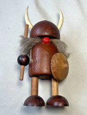 Scandinavian Danish Wooden Viking Figurine Fur Helmet Spear Shield Denmark Z picture